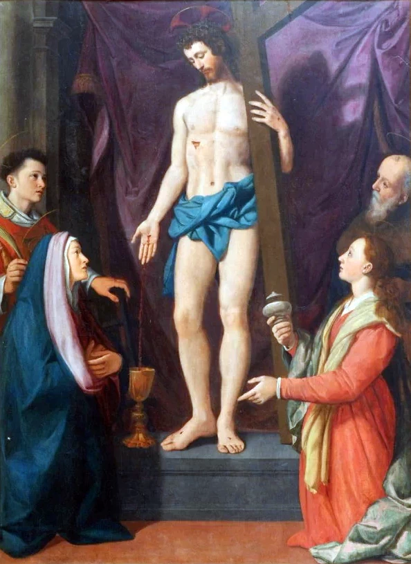 Cristo versa sangue nel calice tra quattro santi - Maria Maddalena, Antonio abate, la Madonna e il diacono Stefano